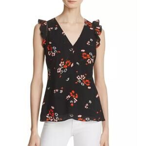 Rebecca Taylor Marguerite Black Floral Silk Top Size US XS 2 (EU 6) EUC Ruffles